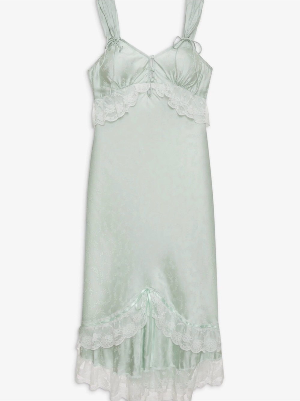 (NWOT) For Love & Lemons Pale Mint Lace-Trim Satin Midi Dress - Picture 3 of 8